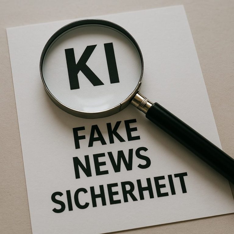 Großes Vergrößerungsglas über den Worten "KI", "FAKE NEWS" und "SICHERHEIT".