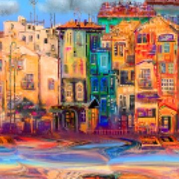 Bunte, abstrakte Stadtlandschaft mit farbenfrohen Gebäuden und Himmel.