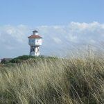 Leuchtturm auf einer grünen Anhöhe, umgeben von hohen Grasbüscheln und blauem Himmel.