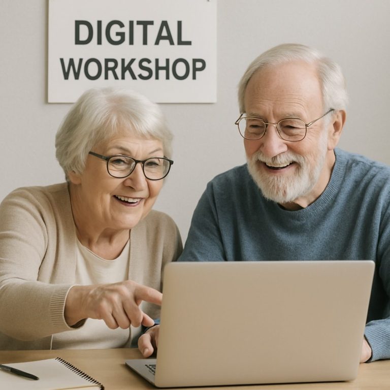 Älteres Paar lächelt und arbeitet gemeinsam an einem Laptop in einem Workshop.