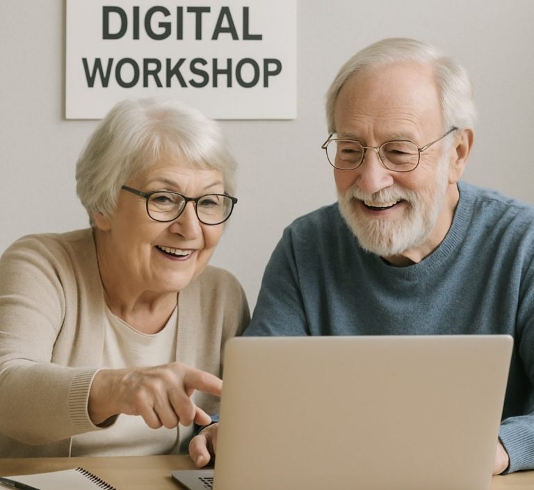 Älteres Paar lächelt und arbeitet zusammen an einem Laptop in einem digitalen Workshop.